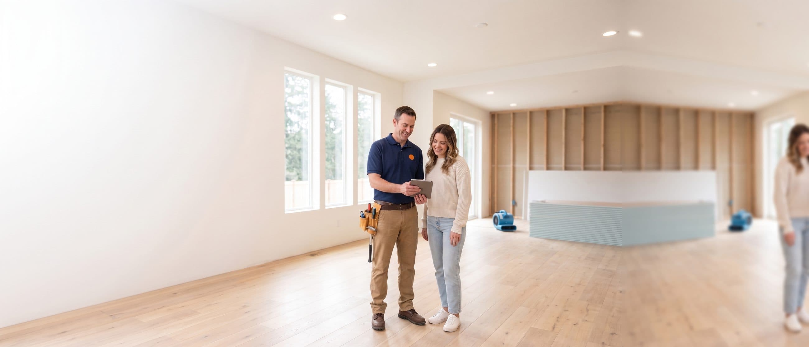 Turning On team reviewing a restoration project with a homeowner