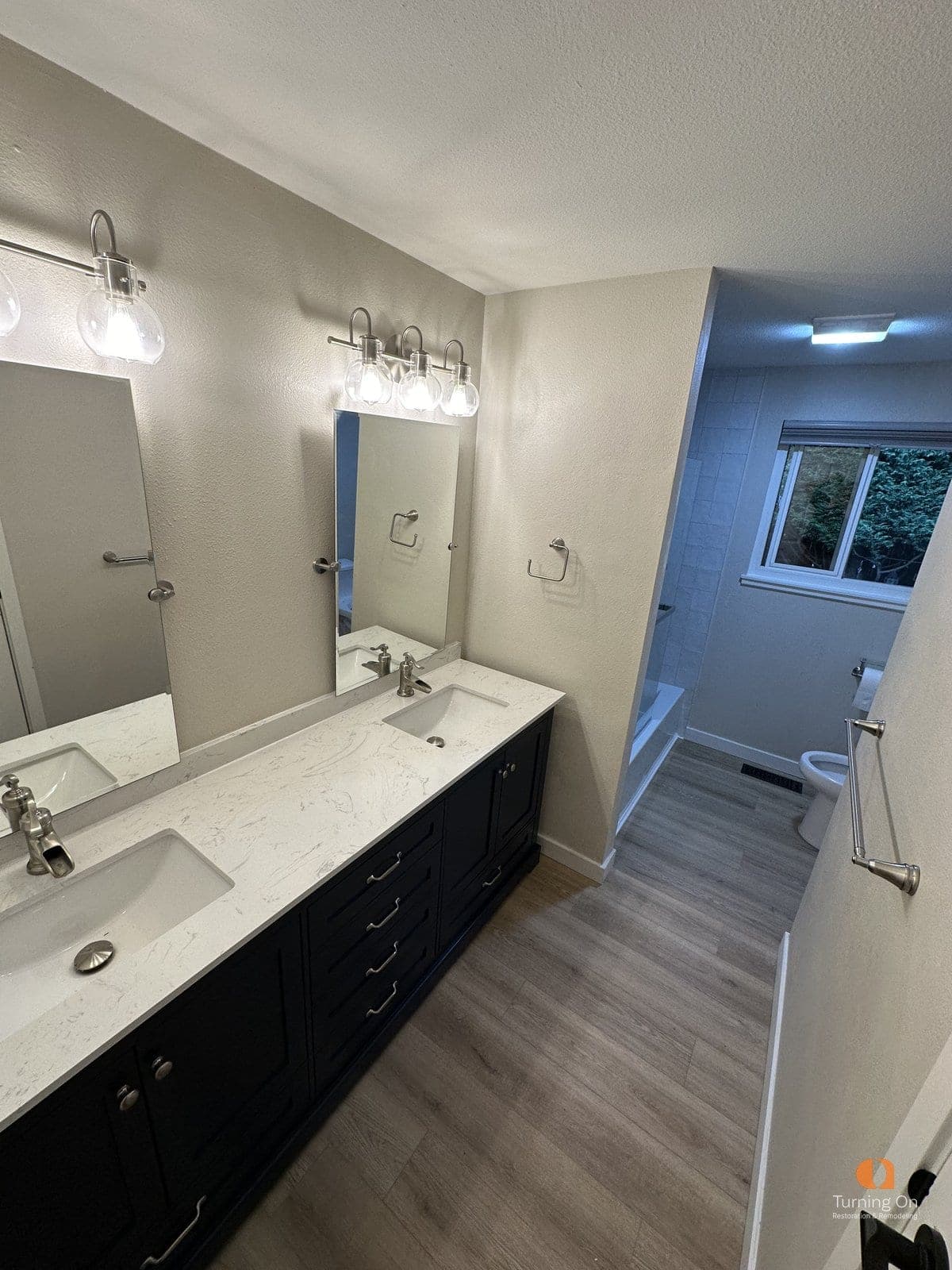 Navy double vanity remodel, bathroom remodeling in Woodinville, WA